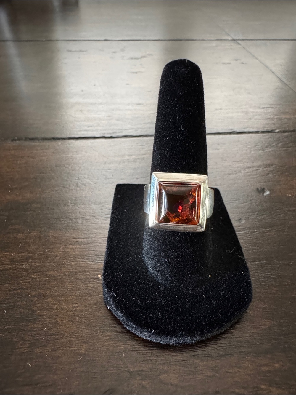 Sterling Silver Ring with Square Amber Stone - Deep Red Brown Size 5